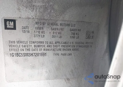 2017 Chevrolet Cruze Ls Auto z USA, uszkodzony, nr VIN 1G1BC5SM3H7201691